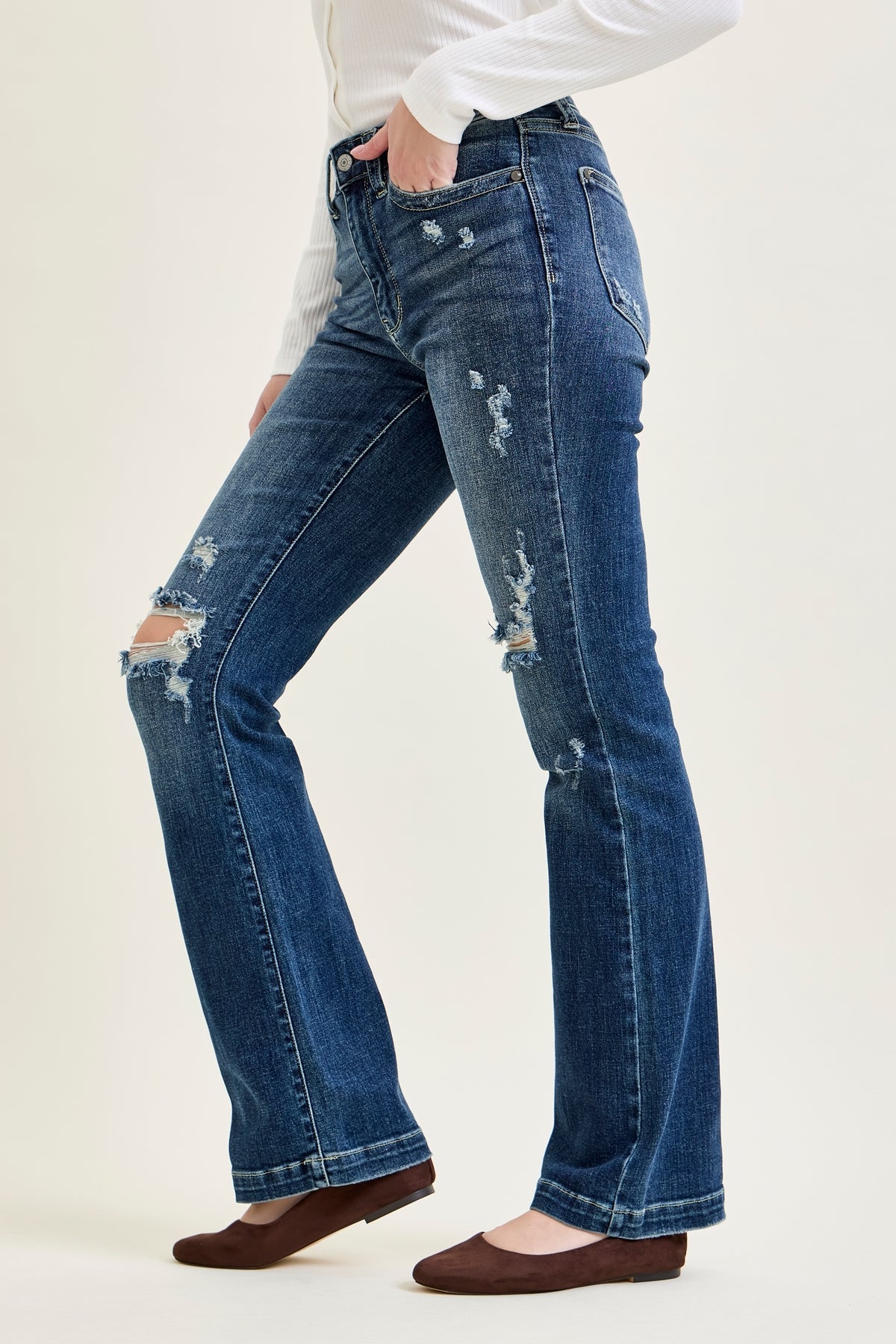Lucy Mid Rise Hand Sand & Mildly Distressed Bootcut Jeans