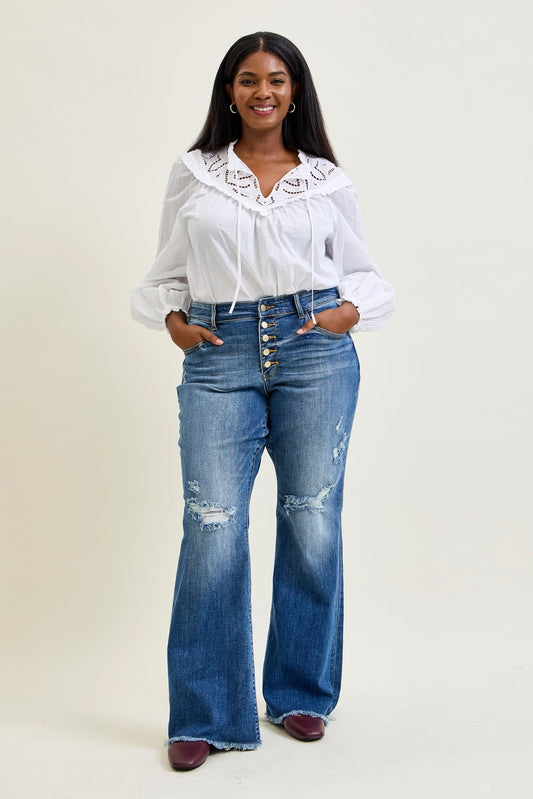 Indie Mid Rise Flare Jeans – Buttoned Up and Ready to Flaunt - PLUS