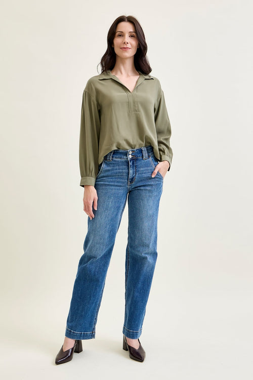 Clementine High Rise Double Button Wide Leg Denim Jeans