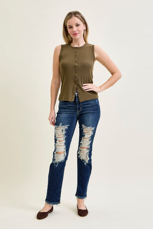 Lisse Mid Rise Ripped Straight Fit Jeans
