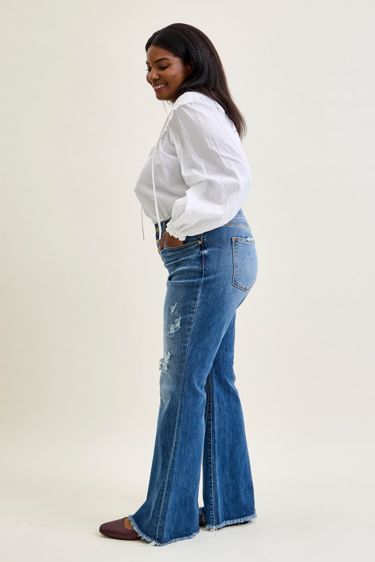 Indie Mid Rise Flare Jeans – Buttoned Up and Ready to Flaunt - PLUS