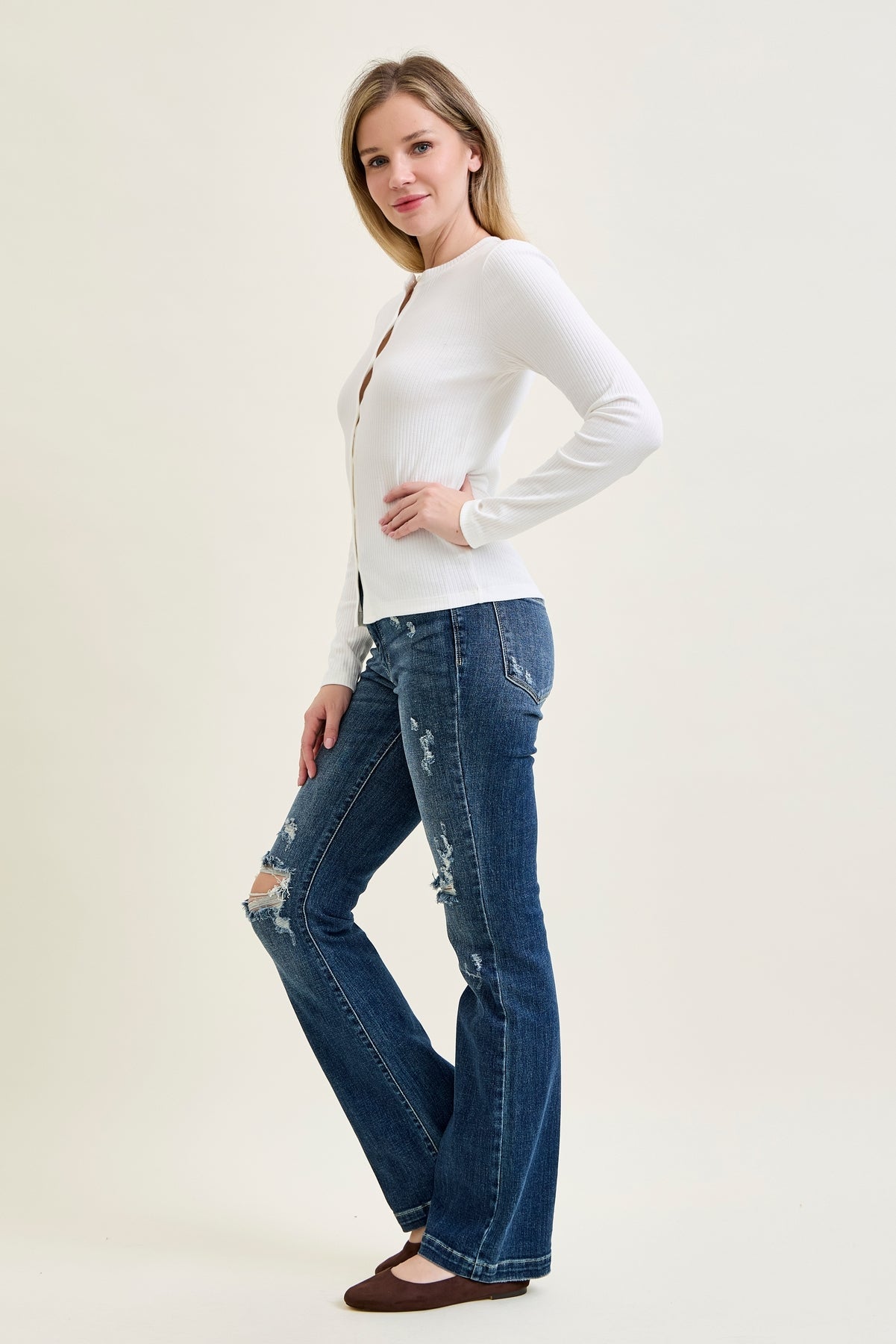 Lucy Mid Rise Hand Sand & Mildly Distressed Bootcut Jeans