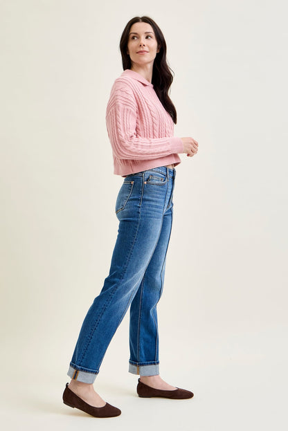 Sally High Rise Front Seam Detail & Cuffed Straight Fit Jeans