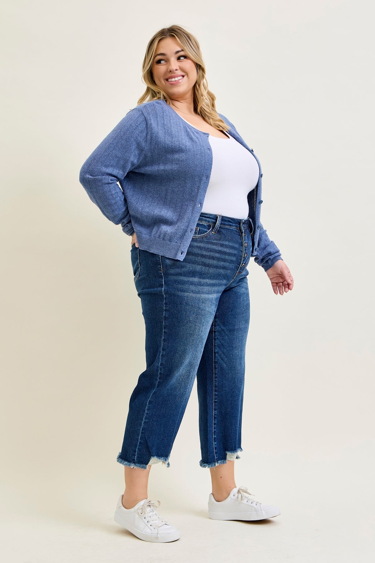 Wren High Rise Button Fly Distressed Hem Crop Wide - PLUS