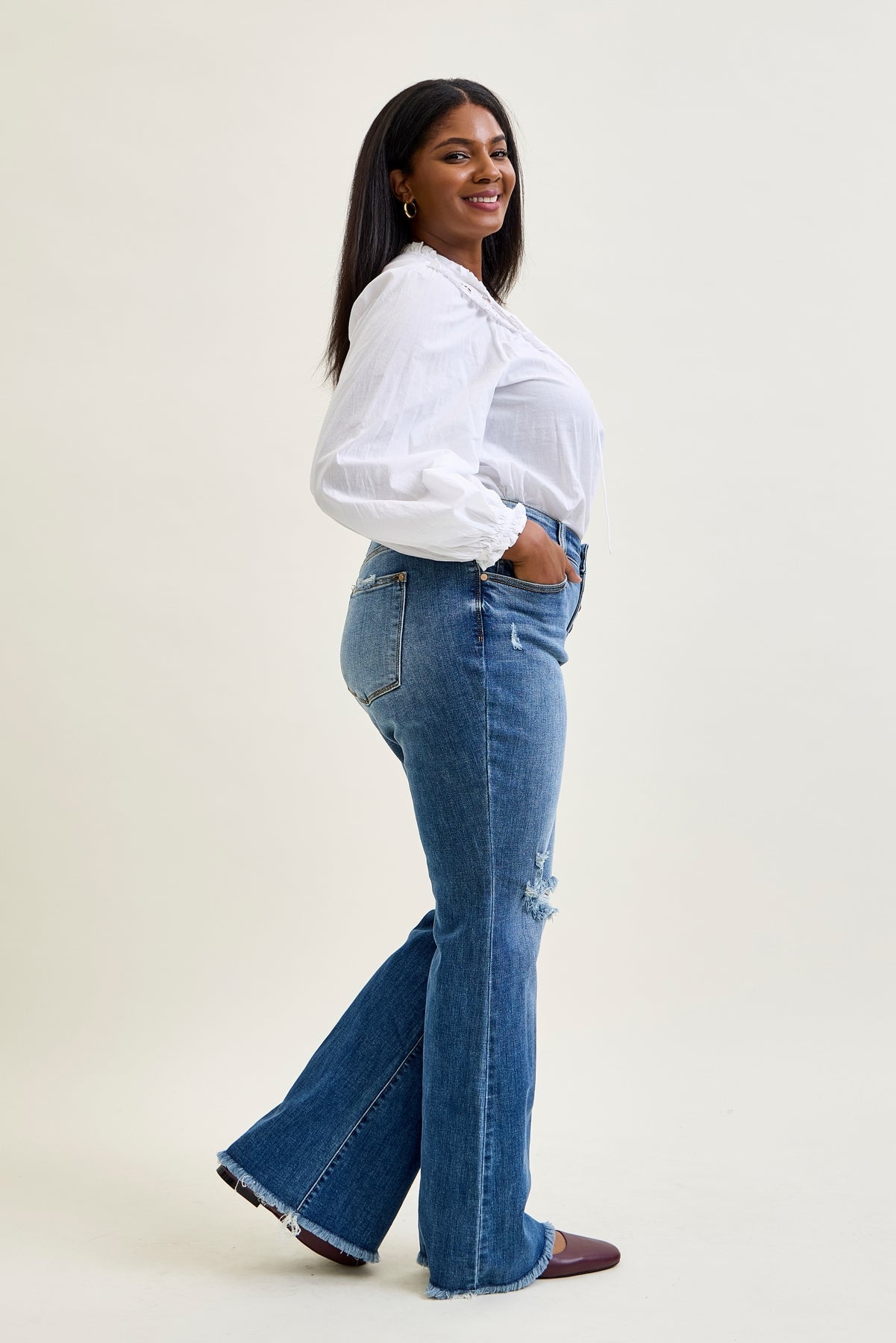 Indie Mid Rise Flare Jeans – Buttoned Up and Ready to Flaunt - PLUS