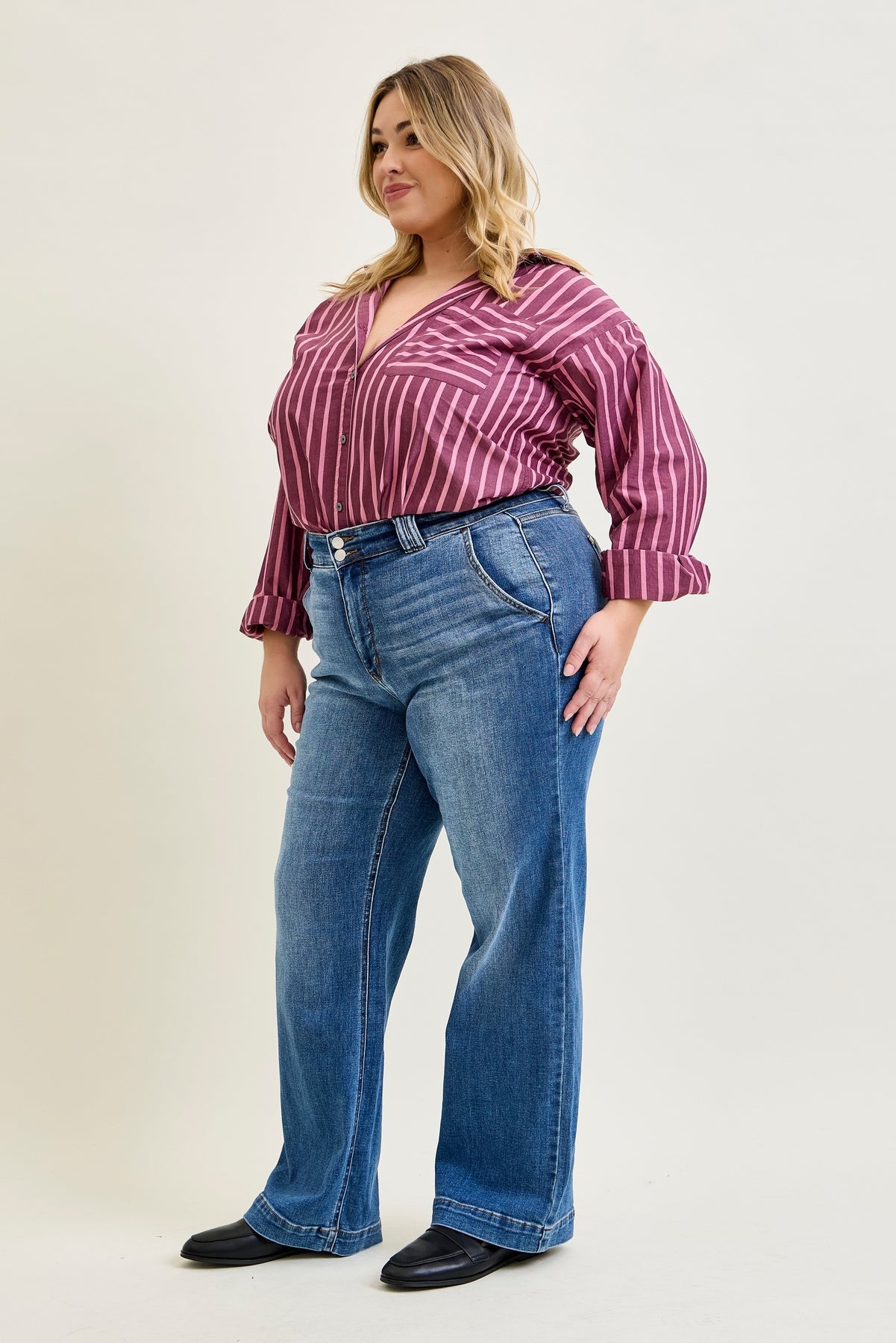 Clementine High Rise Double Button Wide Leg Denim Jeans - PLUS