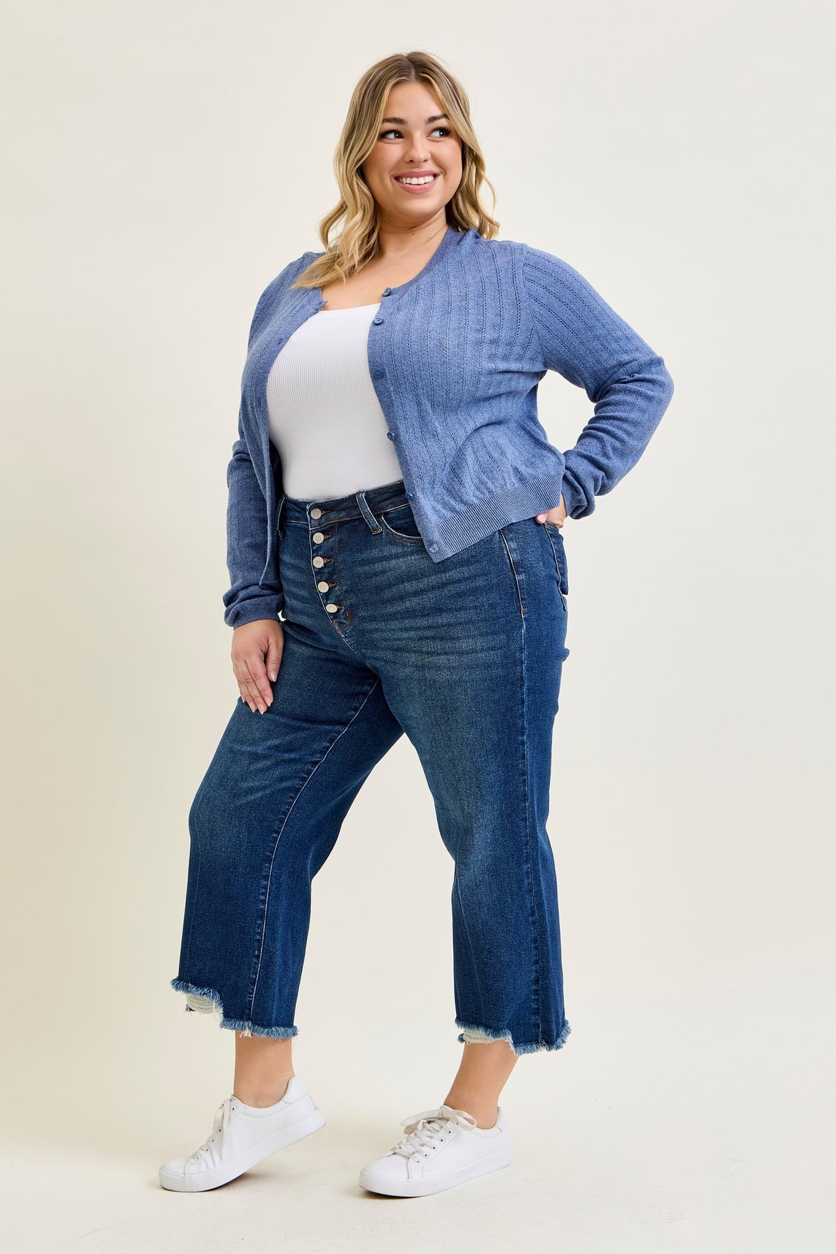 Wren High Rise Button Fly Distressed Hem Crop Wide - PLUS