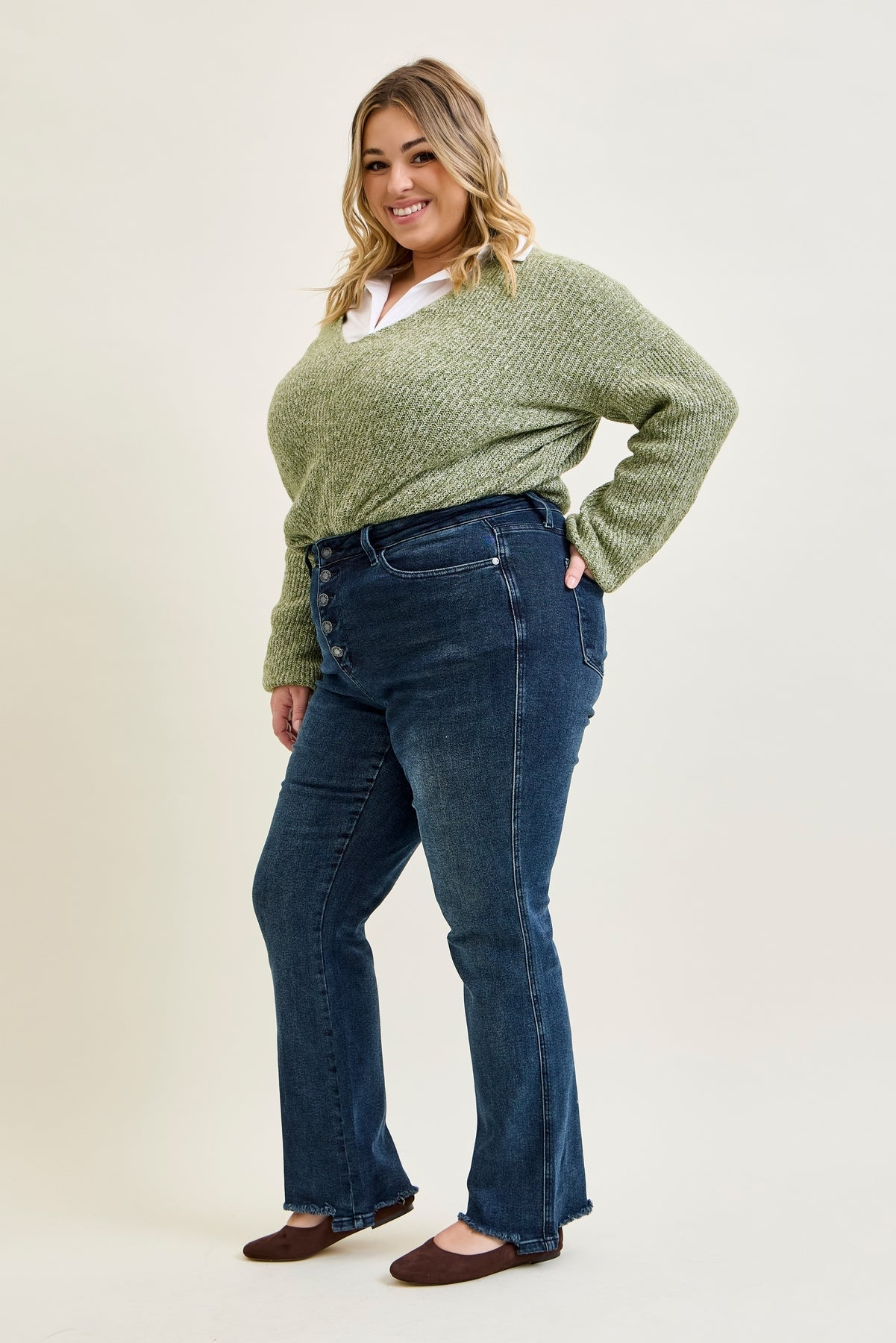 Lisa High Rise Button Fly Hem Distressed Straight Jeans - PLUS