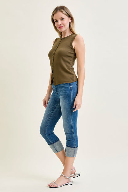 Kayla High Rise Tummy Control Back Shield Pockets & Cuff Capri