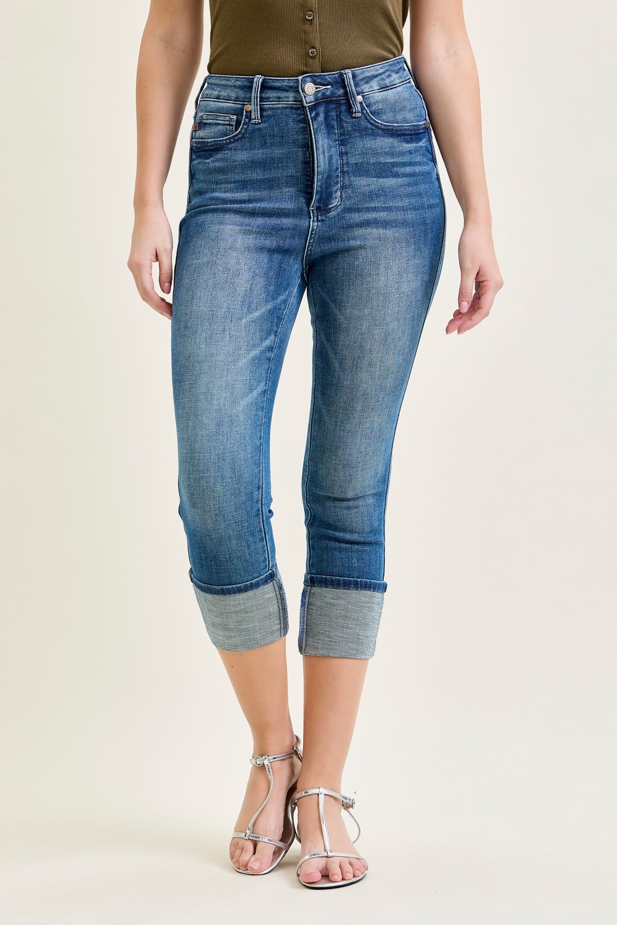 Kayla High Rise Tummy Control Back Shield Pockets & Cuff Capri