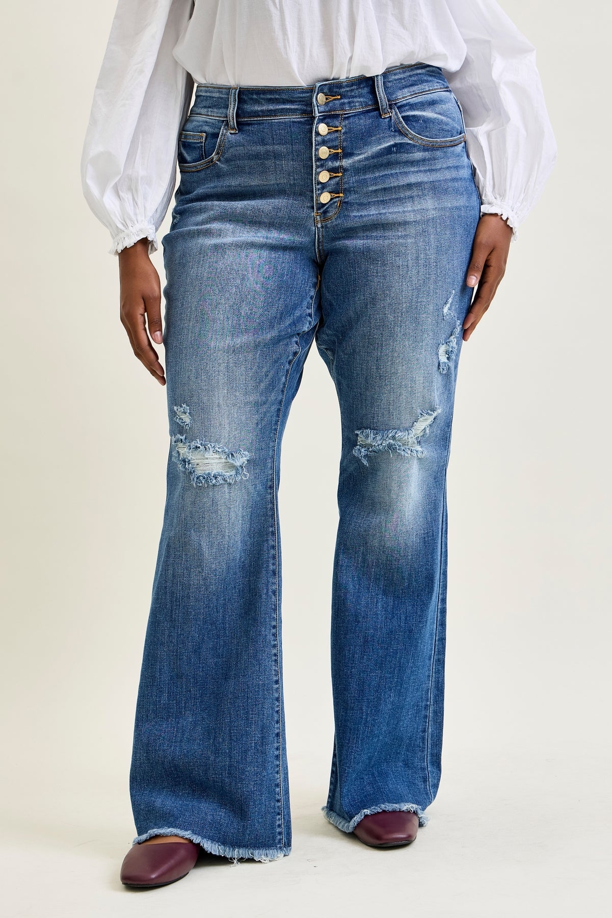 Indie Mid Rise Flare Jeans – Buttoned Up and Ready to Flaunt - PLUS
