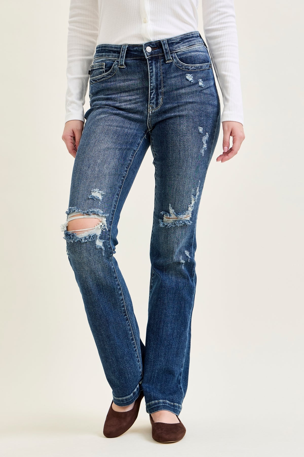 Lucy Mid Rise Hand Sand & Mildly Distressed Bootcut Jeans