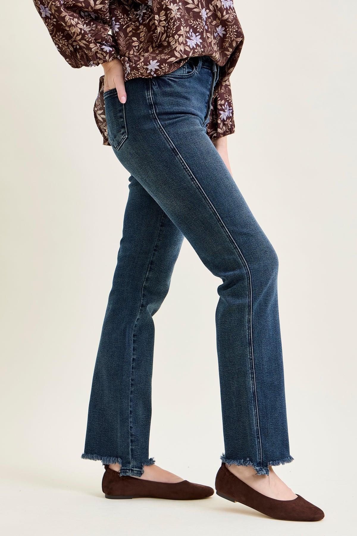 Lisa High Rise Button Fly Hem Distressed Straight Jeans
