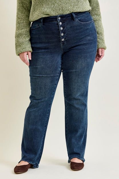 Lisa High Rise Button Fly Hem Distressed Straight Jeans - PLUS