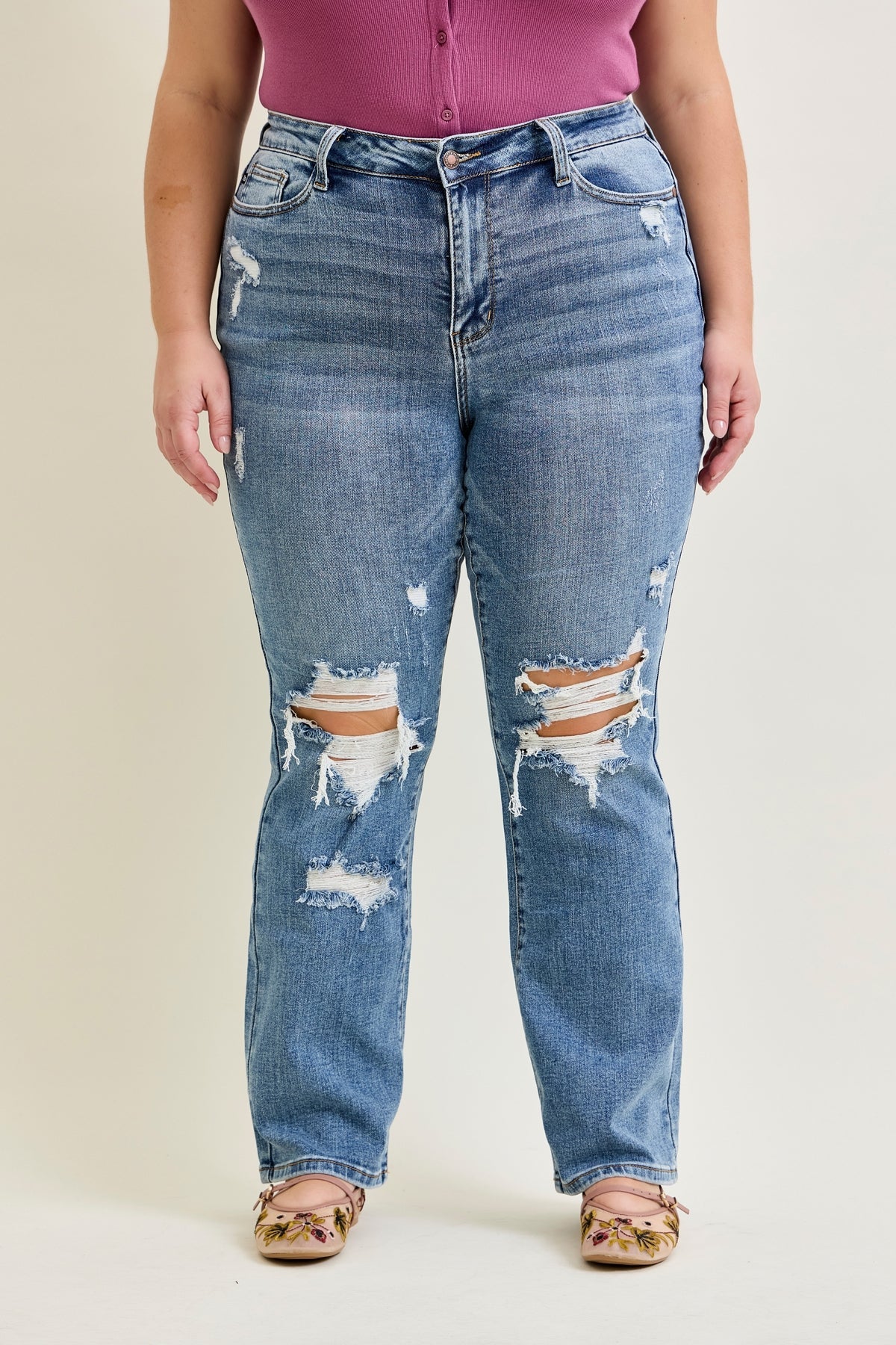 Faye Stone Wash Ripped Bootcut Jeans - PLUS