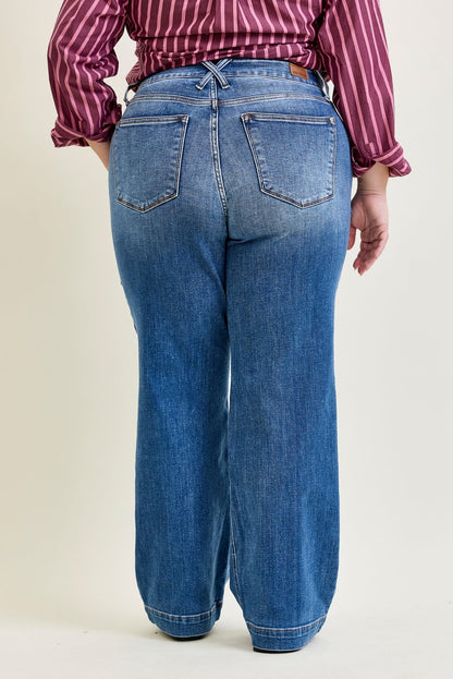 Clementine High Rise Double Button Wide Leg Denim Jeans - PLUS