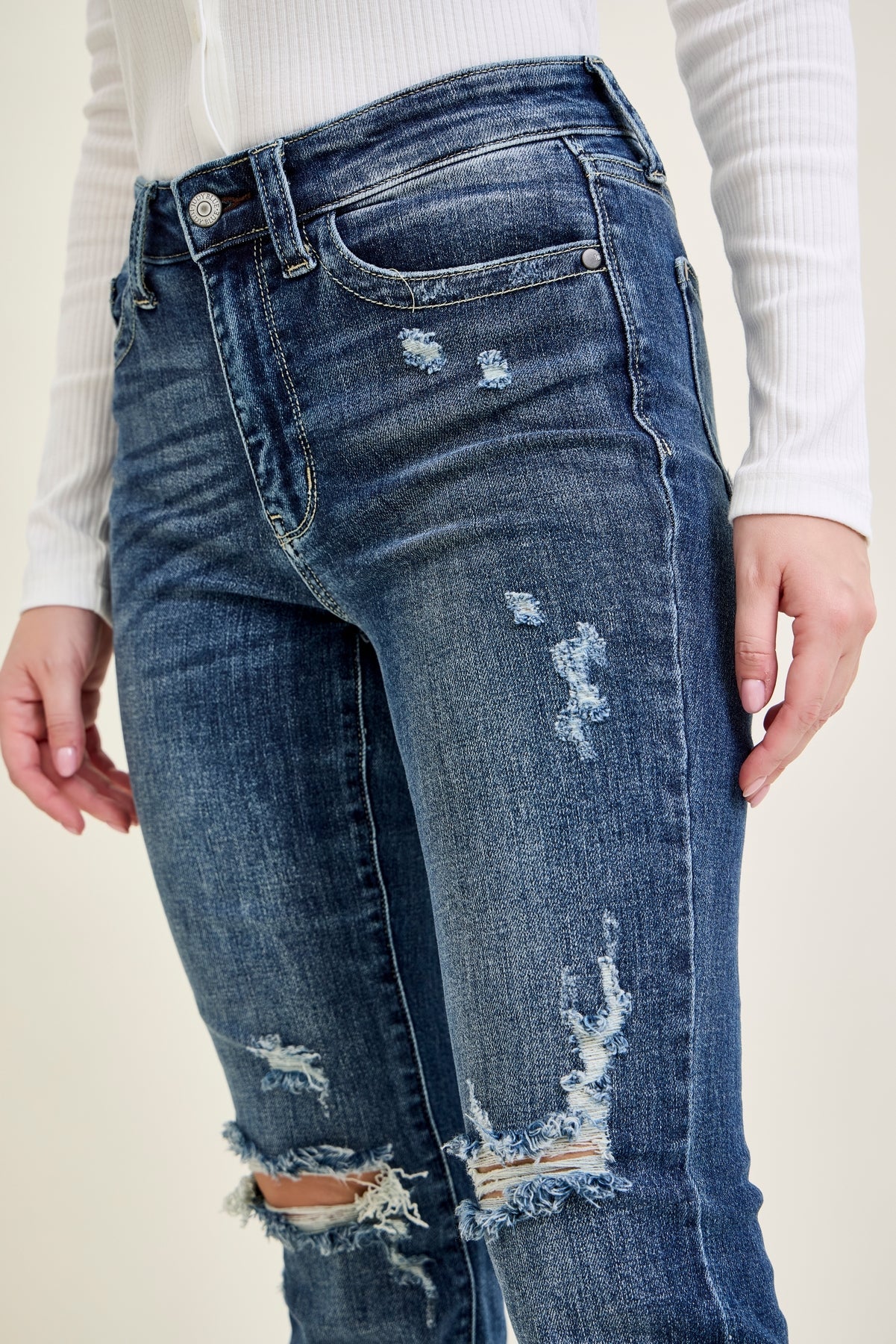 Lucy Mid Rise Hand Sand & Mildly Distressed Bootcut Jeans